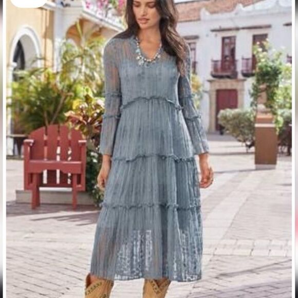 Sundance Ellery Lace Flare Sleeve Midi Dress Dusty Blue Sheer Prairie Size PL - Picture 2 of 13